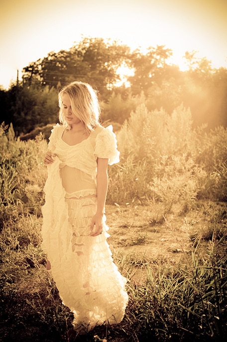 Sepia-Toned Standing in a Field wearing white dress | Boudoir Photography | Austin, Texas